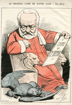 Illustration of Louis Alexandre Gosset de Guines dit Gill (1840-1885) in La Lune rousse, 1877-10-7 - Le nouveau livre de victor Hugo - Censorship, Verifier dates, 2 December 1851 - Hugo Victor