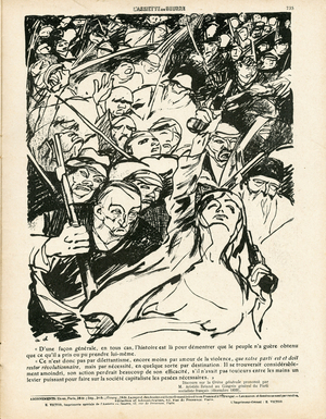 L'Assiette au Beurre, number 410, Satirique en N & B, 1909_2_6: Social, Feminism anti, Greve, Crowd, Emults revolts, Valenciennes, Fleur au bout du fusil - Briand Aristide, Worker Worker, Women