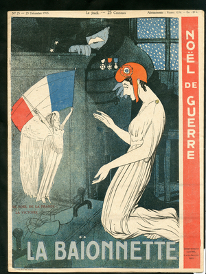 Cover of “” La Baionnette””, Satirique en Couleurs, 1915_12_23: War of 14 -18, Christmas, Belligerants and Symbols - Marianne, Joffre - Illustration by Paul Iribe (1883-1935)