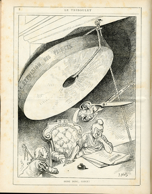 Le Triboulet, 1886_2_28 - Illustration by Pierre-Albert Douat BlassJ. (1847-1892): Republican Republique, Monarchy, Expulsion of Princes - Marianne, Rivet Gustave (1848-1936) - Scissors