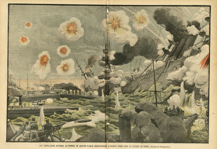 Illustration of Eugene Damblans (1865-1945) in Le Pelerin, 11/06/05 - The Japanese torpedo, numbering eighty aneantise the Russian squadron in the detroit of Korea - Russia, Japan, Maritime Marine Seaside, Korea, Russian-Japanese War, Fighting, Torpedo Torpedo, Warships