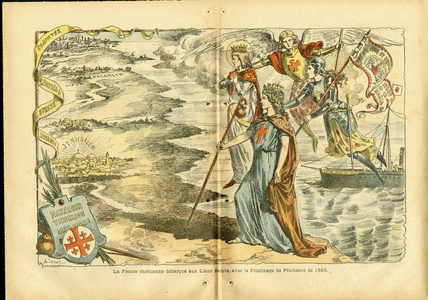 Illustration of Achille Lemot (1846-1909) in Le Pelerin, 1896-4-19 - Christian France debarque at the Holy Places with the Pelerinage of Penitence of 1896 - Religion Faith, Maritime Marine Seaside, Jerusalem, Catholic Catholicism - Pelerinages, Holy Places - Angel