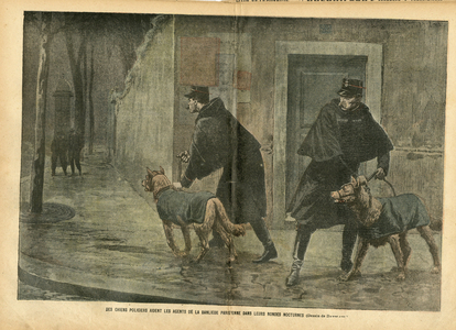 Illustration of Eugene Damblans (1865-1945) in Le Pelerin, 10/03/07 - Various facts, Architecture Urban Planning, Police, Nocturne, Insecurite, Morris Column - Dog, Police Officer, Police Dog