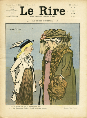 Illustration of Abel Faivre (1867-1945) for the Cover of Le Lire, 19/02/10 - La petite protegee - Love, Fashion, Hat, Maternity, Adultere, Third age, Generational pit