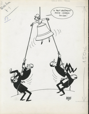 Le Figaro, Satirique en N & B, 1977_4_9: President of the Republic, Easter, Bells - Mitterrand Francois, Marchais Georges, Chirac Jacques, Barre Raymond - Illustration by Jacques Faizant (1918-2006)