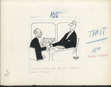 Paris-Presse, Satirique en N & B, ca. 1962: Germany Prussia, England Great Britain, Europe, President of the Republic, Couple, Common March, Armchair (symbol of power) - De Gaulle Charles, Adenauer - Illustration by Jacques Faizant (1918-2006)
