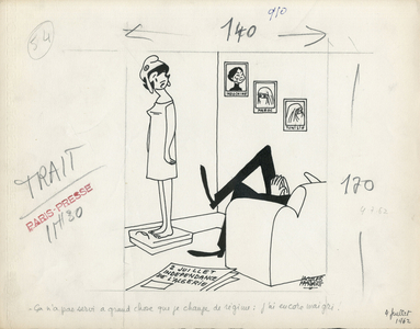 Le Nouveau candide, Satirique en N & B, 1962_7_4: Algeria, President of the Republic, Morocco, Tunisia, Indochina, Armchair (symbol of power) - Marianne, De Gaulle Charles - Illustration by Jacques Faizant (1918-2006)