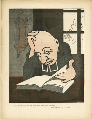 L'Plate au Butter, number 59, Satirique en Colours, 1902_5_17: “” The very hair of your head are all counts (Matthew, 10:30)” - Anticlericalism, Baldness - Betity of the religious - Cures - Illustration by Gustave-Henri Jossot (Jossot) (1866-1951)