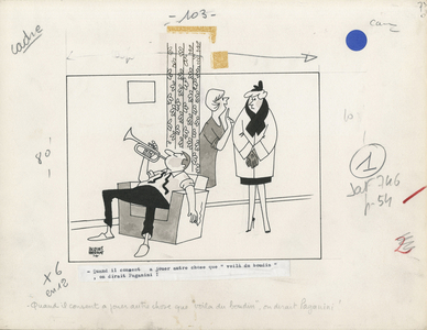Days of France, Satirique en N & B, 1966_3_5: Humor, Music, Trumpet - Illustration by Jacques Faizant (1918-2006)