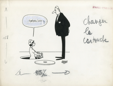 Paris-Presse, Satirique en N & B, 1966_1_30: President of the Republic - Marianne, De Gaulle Charles - Illustration by Jacques Faizant (1918-2006)