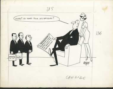 Le Nouveau candide, Satirique en N & B, 1963_7_24: Architecture Urbanisme, President of the Republic, UNR, Armchair (symbol of power) - Marianne, De Gaulle Charles, Giscard d'Estaing Valery, Pompidou Georges - Illustration by Jacques Faizant (1918-2006)