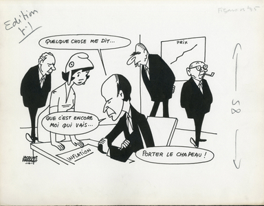 Le Figaro, Satirique en N & B, 1972_11_30: President of the Republic, Life dear, Economy, Inflation - Marianne, Giscard d'Estaing Valery, Faure Edgar, Pompidou Georges - Illustration by Jacques Faizant (1918-2006)