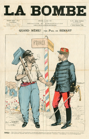 Cover of “” La Bomb (bakist)””, 1889_4_14 - Illustration by Paul de Semant (1842-1903): Elections, Belgium, Affaire Boulanger, Frontières - Ferry Jules, Boulanger Georges (1837-1891), Worker - Handheld