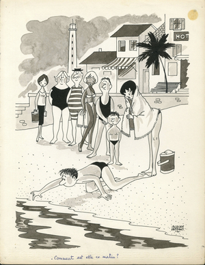 Match, Satirical in N & B, 1962_7_21: Humor, Hobbies, Marine Nautical Bathing, Swimming suit - Illustration by Jacques Faizant (1918-2006)