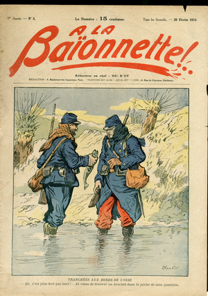 Cover of “” La Baionnette””, Satirique en Couleurs, 1915_2_20: War of 14 -18, Vie du soldat, Riviere Fleuve - Soldiers - Illustration by Henriot (1857-1933)