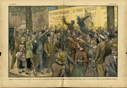 Illustration of Eugene Damblans (1865-1945) in Le Pelerin, 11/10/36 - L'poster, c'est le journal de la rue - Front populaire, Fighting, Fighting, Posters Posters Posters, Street alley, Electoral signage election signs