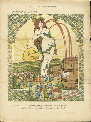Illustration by George Delaw (1871-1938) in Le Rire, 11/09/09 - The harvest feast - Wine, Maternity