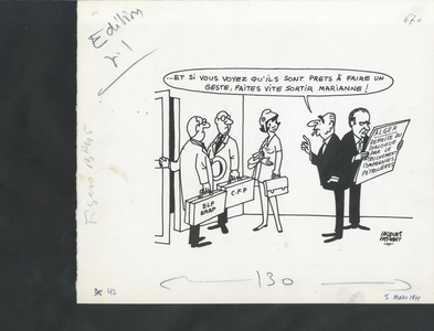 Le Figaro, Satirique en N & B, 1971_3_5: Algeria, President of the Republic, Petrole, Elf, CFP - Marianne, Pompidou Georges, Ortoli - Illustration by Jacques Faizant (1918-2006)