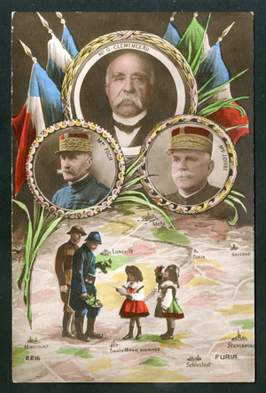 Postcard, en Couleurs, 1918: Untitled - War of 14 -18, Patriotism - Clemenceau George, Joffre, Ferdinand Foch (1851-1929)