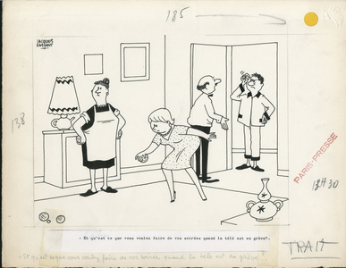 Paris-Presse, Satirique en N & B, 1964_2_18: Humor, Television, Greve, Petanque - Women - Illustration by Jacques Faizant (1918-2006)