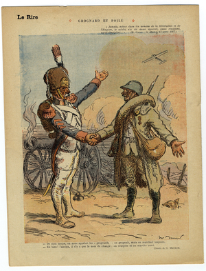Red Laughter, Satirical in Colours, 1917_5_12: Grognard and hairy “” In my time, we were called the grumpy, we grumbled but we always walked - Well, well! the old, there is only the name of the exchange, we rouspete and we also walk” - War of 14 -18, French Revolution, Belligerants and symbols - Soldiers, Hairy, Grognard - Illustration by Adolphe (Willette) (1857-1926)