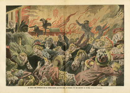 Illustration of Eugene Damblans (1865-1945) in Le Pelerin, 26/01/08 - During a film-maker performance in the United States, hundreds of victims were killed in a fire - America USA USA, Miscellaneous facts, Cinema, Crowd, Fire