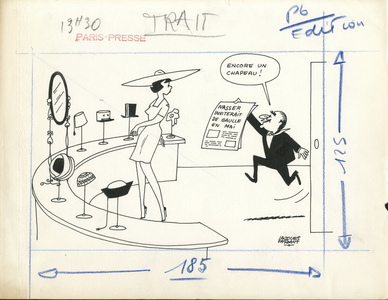 Paris-Presse, Satirique en N & B, 1964_3_21: President of the Republic, Egypt, Official Visit, Original drawing - Marianne, De Gaulle Charles, Pompidou Georges, Nasser - Illustration by Jacques Faizant (1918-2006)