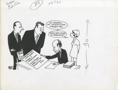 Le Figaro, Satirique in N & B, ca. 1974_10_30: President of the Republic - Marianne, Giscard d'Estaing Valery, Chirac Jacques, Baudoin Denis - Illustration by Jacques Faizant (1918-2006)
