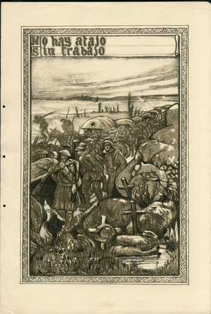 Illustration of Francisco Sancha Lengo (1874-1936) - Flying leaf, circa 1915 - No hay atajo sin trabajo - War of 14 -18, Tranchees, Spanish Language, Foreign Press - Prisoners