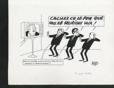 Le Figaro, Satirique en N & B, 1987_5_7: Television, President of the Republic, Extreme Right - Mitterrand Francois, Le Pen Jean-Marie, Fabius Laurent, Joxe Pierre - Illustration by Jacques Faizant (1918-2006)