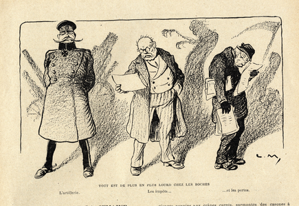 Le Rire rouge, Satirique en N&B, 1916_5_6 : Everything is more and more heavy with the Krauts, artillery, taxes and losses - War of 14 -18 (engraving)