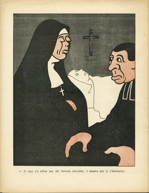 L'Assiette au Beurre, number 59, Satirique en Couleurs, 1902_5_17: If we do not go there eternal flames, he will leave everything to the audience”” - Anticlericalism - Captation d'heritage - Cures, Nonnes (lithograph)