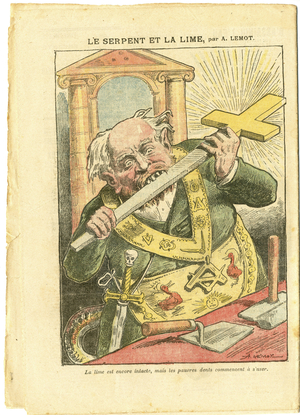 Illustration by Achille Lemot (1846-1909) in Le Pelerin, 23/05/09 - The Snake and the Lime - Antimaconism Freemaking, Religion Faith, Christian Cross, Fables La Fontaine and others, Catholic Catholicism - Laicisation Laicite Laiques - Snakes - Animalisation, Tales/Mythology