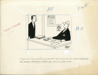 Paris-Presse, Satirique en N & B, 1960_9_21: President of the Republic, Identifier, UN, Armchair (symbol of power) - De Gaulle Charles, Debre Michel - Illustration by Jacques Faizant (1918-2006)
