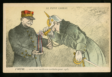 Satirical Postcard:, ca. 1914_12: A small gift I offer with my best wishes for 1915 - War of 14 -18, Canons, shells - William II, Joffre Illustration by Gottlob (1873-1935)