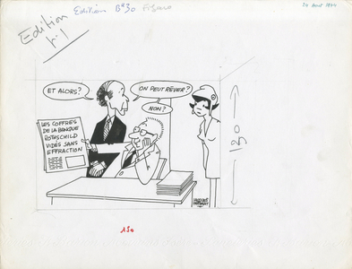 Le Figaro, Satirique en N & B, 1974_8_24: Impots, President of the Republic, Bank - Rothschild, Giscard d'Estaing Valery, Fourcade Jean-Pierre - Illustration by Jacques Faizant (1918-2006)