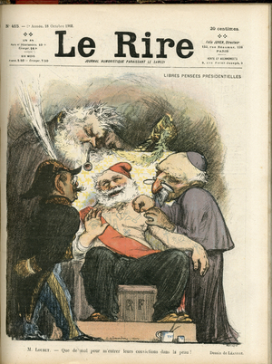 Illustration of Charles Leandre (1862-1934) for the Cover of Le Rire, no. 415, 1902-10-18 - Libres pensees presidential - Clerical/antirepublican, President of the Republic, Armchair (symbol of power) - Combes Emile (1835-1921), Loubet Emile - Metaphore Religious