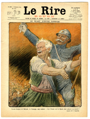 Cover of “” The Red Laughter””, Satirical in Colors, 1918_1_12: War of 14 -18: the Japanese quarter of an hour “” Courage my children, it's time when victory must defeat or die! “” - England Great Britain, Japan, Belligerants and Symbols - Petain, David Lloyd George (1863-1945) - Illustration by Charles Leandre (1862-1934)