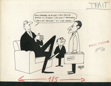 Paris-Presse, Satirique en N & B, 1965_1_8: President of the Republic, USSR, Original drawing, Armchair (symbol of power) - De Gaulle Charles, Pompidou Georges - Illustration by Jacques Faizant (1918-2006)