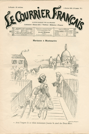 Cover of “” Le Courrier francais””, number 5, Satirique en N & B, 1901_2_3: Marianne a Montmartre - Anticlericalism, Montmartre - Sacre Coeur (Eglise du) - Marianne - Illustration by Adolphe (Willette) (1857-1926)