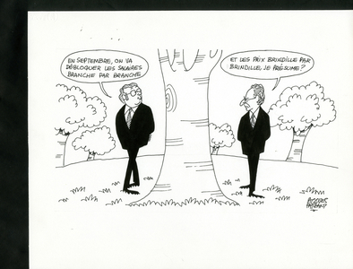 Le Figaro, Satirique en N & B, 1982_7_21: Life dear, Identifier, Salaries, Inflation - Mauroy Pierre - Illustration by Jacques Faizant (1918-2006)