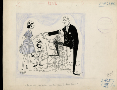 Le Nouveau candide, Satirique en N & B, 1961_8_31: Germany Prussia, Algeria, President of the Republic, Morocco, Sahara - Marianne, De Gaulle Charles, Ferhat Abbas, Bourguiba - Illustration by Jacques Faizant (1918-2006)