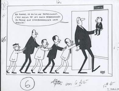 Paris-Presse, Satirique en N & B, 1965_11_28: Elections, President of the Republic, Reproduction - De Gaulle Charles, Mitterrand Francois, Tixier-Vignancour, Pompidou Georges, Lecanuet Jean, Barbu Marcel - Illustration by Jacques Faizant (1918-2006)