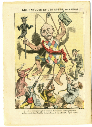 Illustration by Achille Lemot (1846-1909) in Le Pelerin, 21/03/09 - Words and Deeds - Antisemitism, Antimaconism Freemaking, England Great Britain, Religion Faith, Catholic Catholicism - Clemenceau George, Jew, Cures - Choseification, Reification