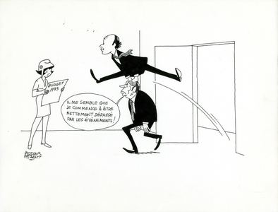 Le Figaro, Satirique en N & B, 1982_10_27: Budget Finances, President of the Republic, Economy - Marianne, Mitterrand Francois, Fabius Laurent - Illustration by Jacques Faizant (1918-2006)
