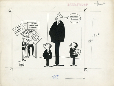 Paris-Presse, Satirique en N & B, 1966_3_16: Social, Greve, Syndicat, President of the Republic - De Gaulle Charles, Pompidou Georges, Debre Michel - Illustration by Jacques Faizant (1918-2006)