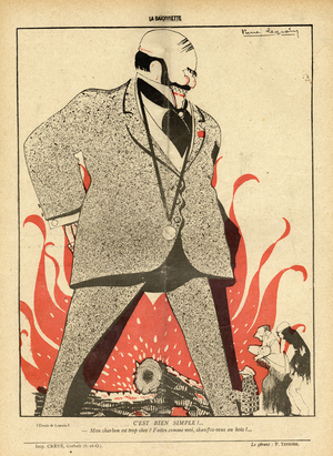 La Baionnette, Satirical in Colours, 1916_3_30: War of 14 -18, Profit Profitors, Coal, Tree, Fire - Boss/Bourgeois - Illustration by Pierre E. Legrain (1889-1929)