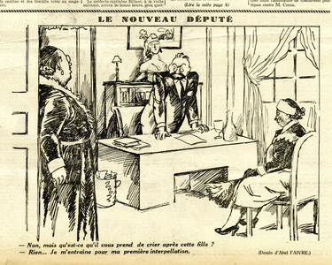Candide, Satirique en N & B, 1932_5_26: Chamber of Deputes, Interpellation - Depute Illustration by Abel Faivre (1867-1945)