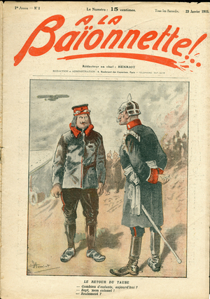 Cover of “” La Baionnette””, Satirical en Colours, 1915_1_23: War of 14 -18, Childhood, Belligerants and Symbols, Barbaria/Kultur - Illustration by Henriot (1857-1933)