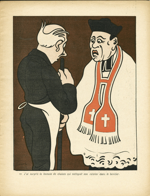 L'Assiette au Beurre, number 59, Satirique en Couleurs, 1902_5_17: I surprised the chair owner who was cleaning her ratelier in the benitier.” - Anticlericalism - Betiousness of the religious - Cures (lithograph)